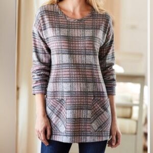 Pink and Gray Crew Neck Sweater with Vintage Plaid Design